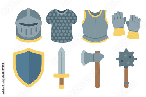 Children's Armor Icons. Flat vector mini-illustrations toughness in armor in colors children's illustrations: knight’s helmet,