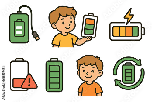 Children's Battery Icons. Flat vector mini-illustrations battery life in colors children's illustrations: power bank full charge,