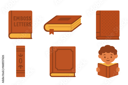 Children's Book Design. Flat vector mini-illustrations hardcover book details in colors children's illustrations: embossed letters