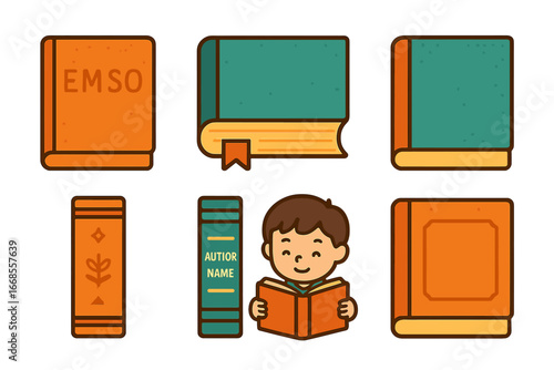 Children's Book Design. Flat vector mini-illustrations hardcover book details in colors children's illustrations: embossed letters