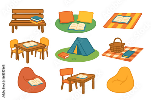 Children's Book Fair Icons. Flat vector mini-illustrations book fair seating in colors children's illustrations: benches, cushions