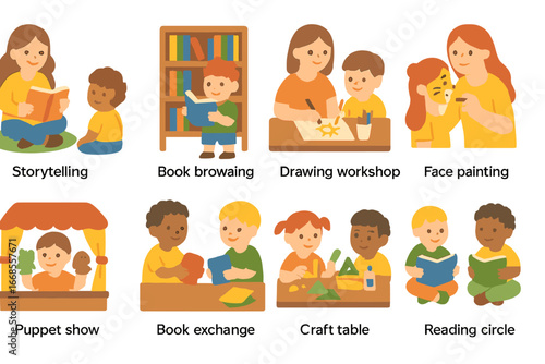 Children's Book Fair Icons. Flat vector mini-illustrations book fair activities in colors children's illustrations: storytelling