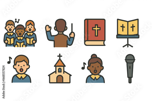 Children's Choir Icons. Flat vector mini-illustrations hymn group in colors children's illustrations: choir members, conductor,