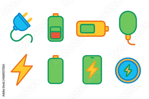Children's Charging Icons. Flat vector mini-illustrations charging process in colors children's illustrations: plug in, battery