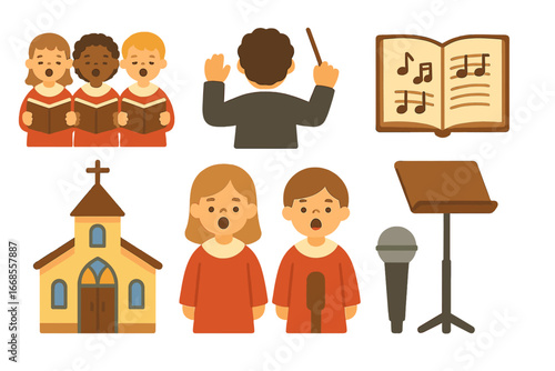 Children's Choir Illustration. Flat vector mini-illustrations chant group in colors children's illustrations: choir members,