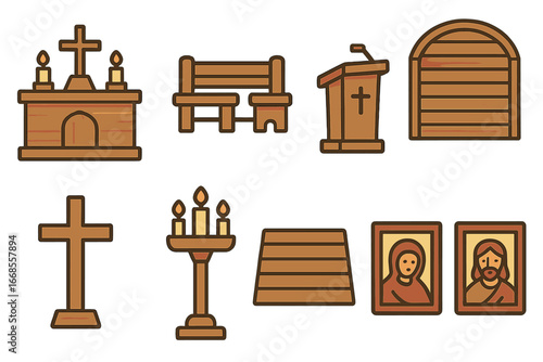 Children's Church Icons. Flat vector mini-illustrations Wooden church interiors in colors children's illustrations: wooden altar,