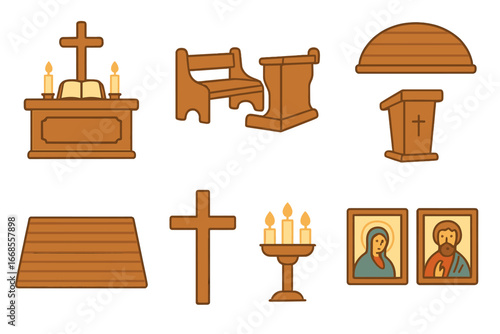 Children's Church Icons. Flat vector mini-illustrations Wooden church interiors in colors children's illustrations: wooden altar,