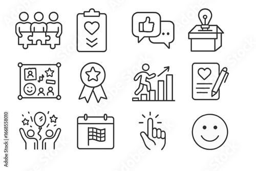 Employee Engagement Icons. Line style icons of employee engagement: team building activity, employee pulse survey, feedback icon,