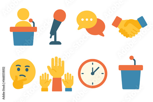 Children's Debate Icons. Flat vector mini-illustrations debate in colors children's illustrations: podium, microphone, speech