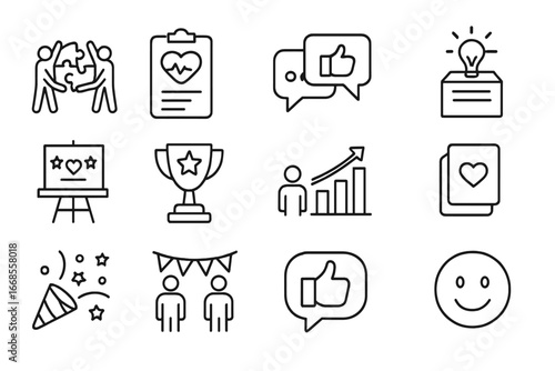 Employee Engagement Icons. Line style icons of employee engagement: team building activity, employee pulse survey, feedback icon,