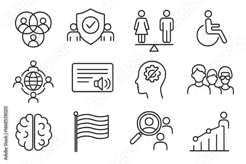 Diversity Line Icons. Line style icons of diversity and inclusion: diversity icon, inclusive workplace badge, gender equality icon