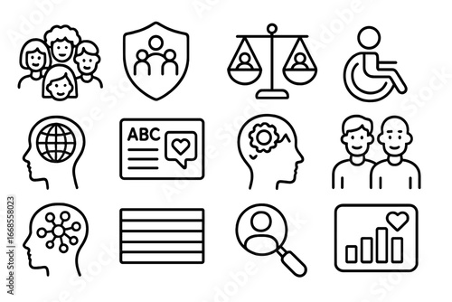 Diversity Line Icons. Line style icons of diversity and inclusion: diversity icon, inclusive workplace badge, gender equality icon