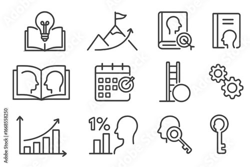 Personal Development Icons. Line style icons of personal development: learning icon, goal growth path, self-improvement book,