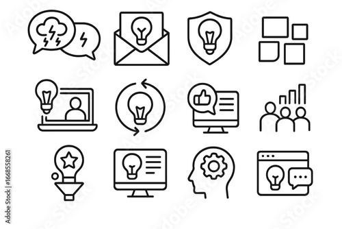 Remote Innovation Icons. Line style icons of remote innovation: brainstorm in chat, idea submission icon, innovation challenge