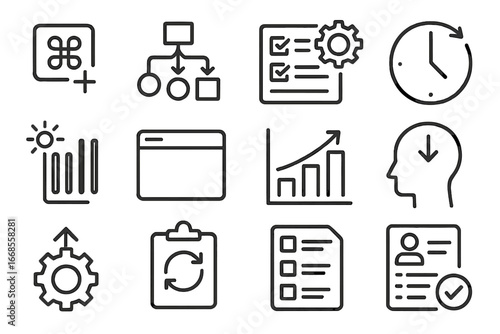 Productivity Hack Icons. Line style icons of productivity hacks: shortcut key icon, automation flow chart, batch task icon, time
