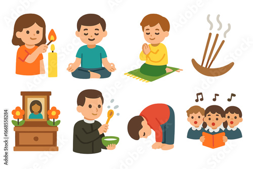 Children's Faith Icons. Flat vector mini-illustrations faith rituals in colors children's illustrations: lighting candle,
