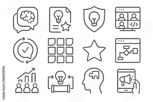 Remote Innovation Icons. Line style icons of remote innovation: brainstorm in chat, idea submission icon, innovation challenge