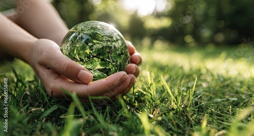 Hands hold a crystal globe of greenery, representing Earth, on grass