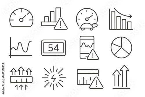Bandwidth Line Icons. Line style icons of bandwidth and usage: bandwidth meter icon, usage quota bar, data cap warning, speed