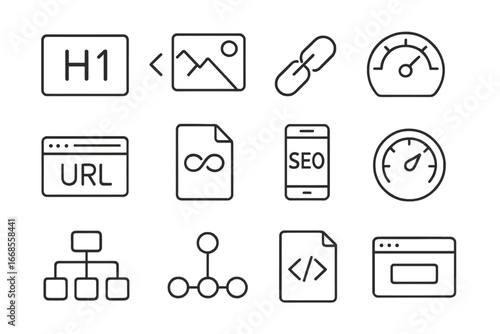 SEO Iconography. Line style icons of on-page SEO: H1 tag icon, image alt tag, internal linking chain, content optimization gauge,