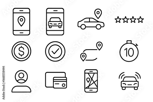 Ride-Hailing Icons. Line style icons of ride-hailing services: app booking icon, ride confirm screen, pickup car icon, driver