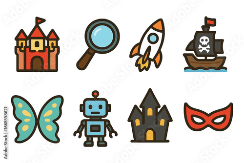 Children's Genre Icons. Flat vector mini-illustrations novel genres in colors children's illustrations: fantasy castle, detective