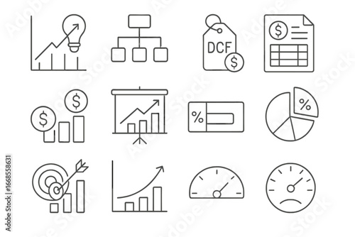 Startup Valuation Icons. Line style icons of startup valuation: startup worth graph, valuation method icon, discounted cash flow