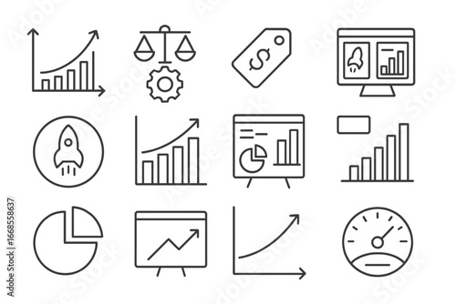 Startup Valuation Icons. Line style icons of startup valuation: startup worth graph, valuation method icon, discounted cash flow
