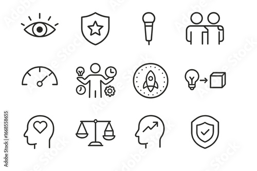 Startup Founder Essentials Icons. Line style icons of startup founder essentials: founder vision icon, leadership badge, founder