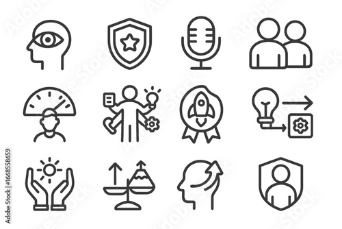 Startup Founder Essentials Icons. Line style icons of startup founder essentials: founder vision icon, leadership badge, founder