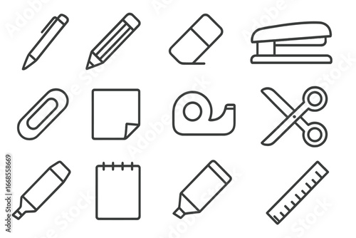 Office Supplies Icons. Line style icons of basic office supplies: pen icon, pencil icon, eraser icon, stapler icon, paper clip,