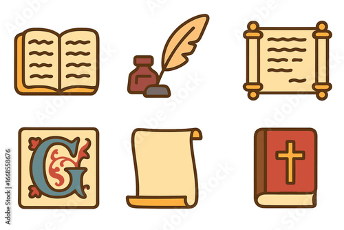 Children's Gospel Icons. Flat vector mini-illustrations gospel book elements in colors children's illustrations: handwritten