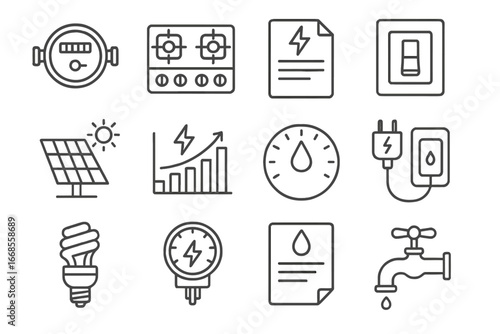 Energy Icons Collection. Line style icons of energy and utilities: water meter, gas stove icon, electric bill, light switch icon,