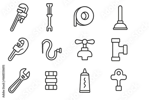 Plumbing Tools Icons. Line style icons of plumbing tools: pipe wrench, basin wrench, plumber’s tape, plunger icon, pipe cutter,