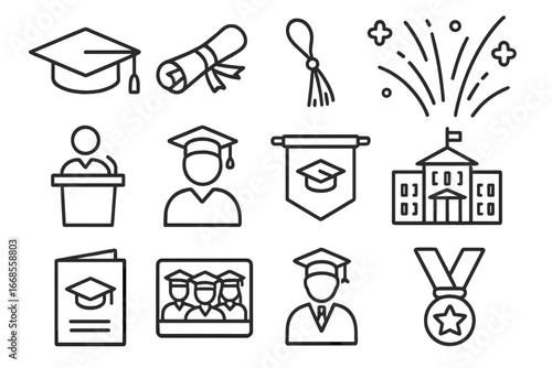 Graduation Icons. Line style icons of graduation ceremony: graduation cap, diploma scroll, tassel icon, confetti burst, podium