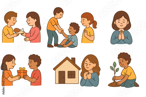 Children's Humility Icons. Flat vector mini-illustrations Humility stories in colors children's illustrations: sharing food,