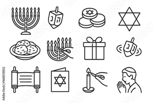 Hanukkah Line Icons. Line style icons of Hanukkah festival: menorah icon, dreidel icon, gelt coins, Star of David, latke plate,
