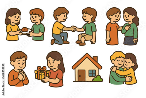 Children's Humility Icons. Flat vector mini-illustrations Humility stories in colors children's illustrations: sharing food,