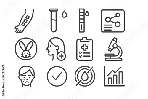 Cosmetic Testing Icons. Line style icons of cosmetic testing: patch test arm, lab tube, pH test strip, ingredient chart,
