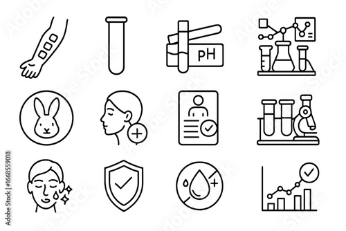 Cosmetic Testing Icons. Line style icons of cosmetic testing: patch test arm, lab tube, pH test strip, ingredient chart,