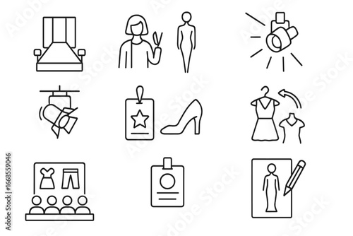 Fashion Show Icons. Line style icons of fashion show elements: runway icon, fashion designer, model figure, spotlight icon,