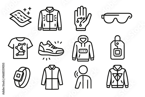 Futuristic Fashion Icons. Line style icons of futuristic fashion: smart fabric icon, light-up jacket, tech glove, digital glasses,