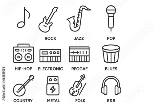 Musical Genre Icons. Line style icons of musical genres: classical note, rock guitar, jazz saxophone, pop microphone, hip hop