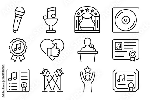 Music Awards Icons. Line style icons of music awards: golden mic, music trophy, award stage, best album icon, nomination badge,