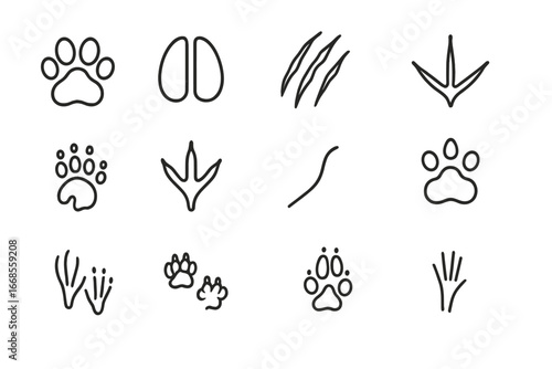 Animal Track Icons. Line style icons of animal tracks and prints: paw print, hoof mark, claw scratch, bird track, reptile print,