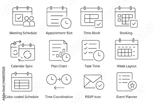 Schedule Icons. Line style icons of schedule management: meeting schedule, appointment slot, time block, booking icon, calendar