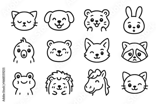Cute Animal Expressions. Line style icons of cute animal expressions: sleepy kitten, smiling pup, excited hamster, curious bunny,