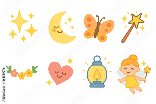 Children's Magical Icons. Flat vector mini-illustrations charm in colors children's illustrations: sparkling stars, smiling moon,