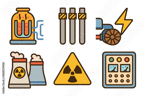 Children's Nuclear Icons. Flat vector mini-illustrations nuclear fission technology in colors children's illustrations: nuclear