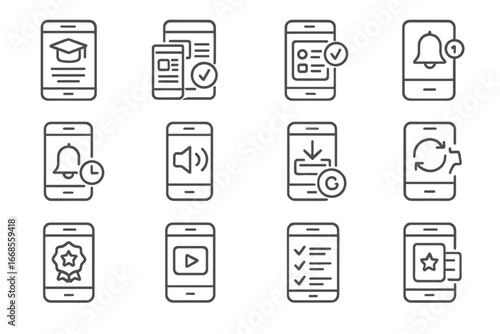 Mobile Learning Icons. Line style icons of mobile learning: smartphone learning app, responsive lesson page, mobile quiz, push